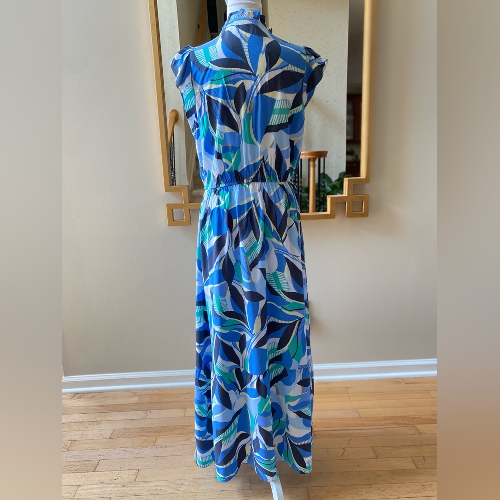 LOFT Blue Green Abstract Print Ruffle Sleeve Maxi Dress Large Petite - Picture 3 of 15